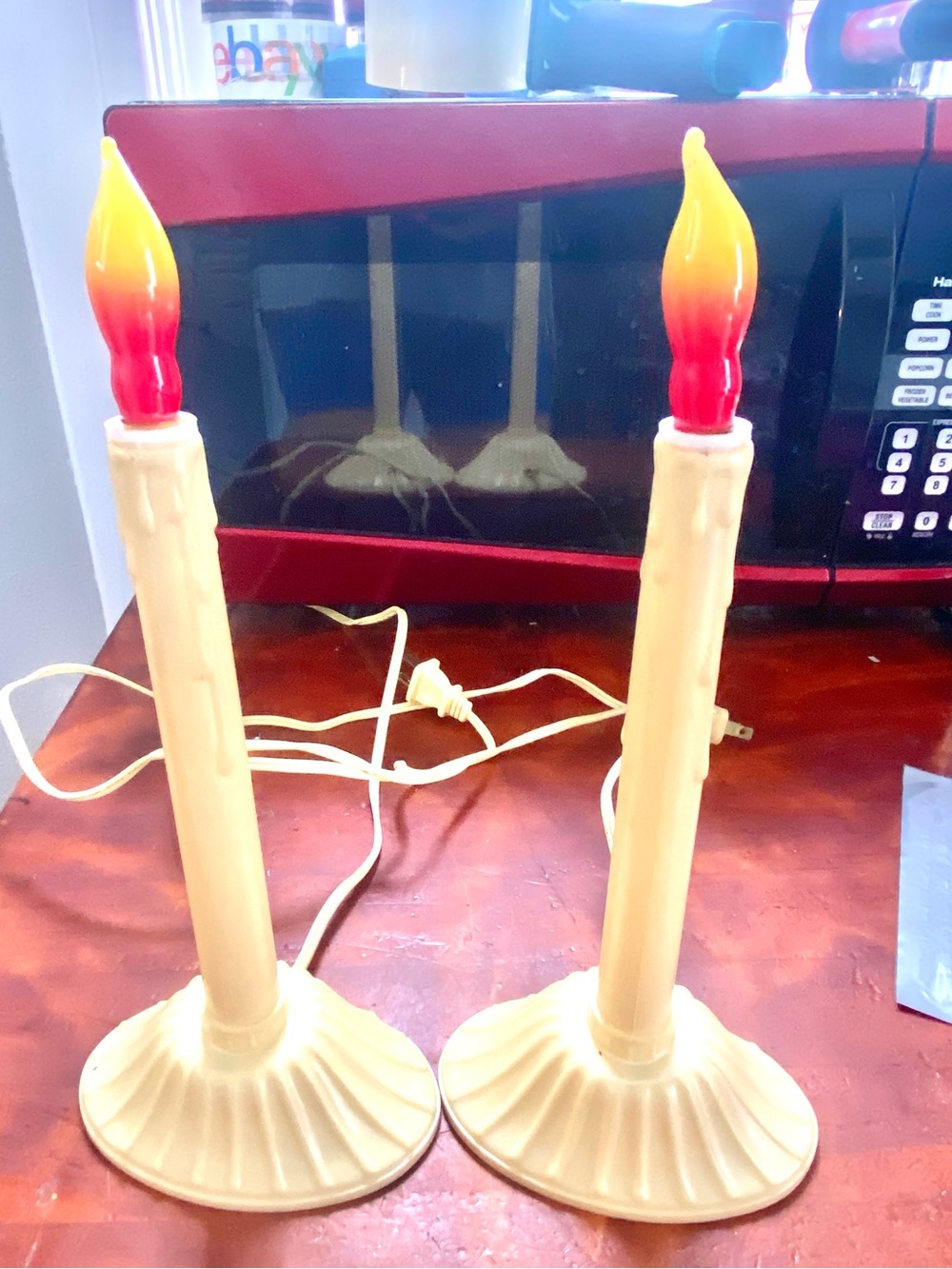 2 Vintage Christmas Window Tiered Candle Dripping Wax Holly Red Flame Bulb
